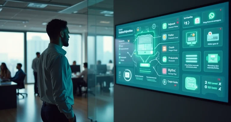 Gestor observando painel com várias plataformas conectadas por integrações digitais
