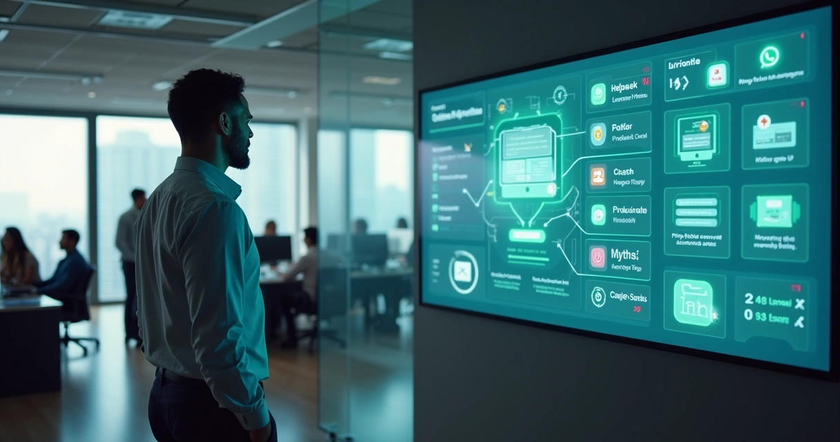 Gestor observando painel com várias plataformas conectadas por integrações digitais