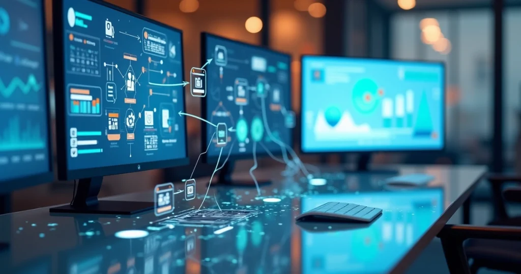 Representação visual de múltiplos canais de comunicação integrados em uma plataforma digital com gráficos e ícones de atendimento ao cliente