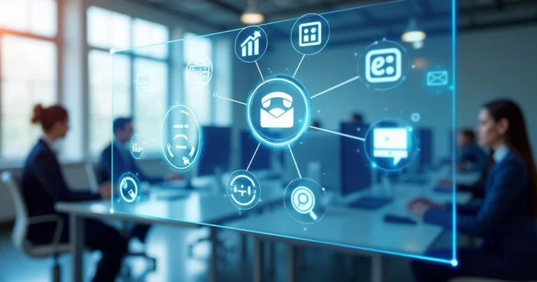 Painel digital mostrando integração de múltiplos canais de atendimento com ícones de chat, telefone, e-mail e redes sociais em uma interface moderna