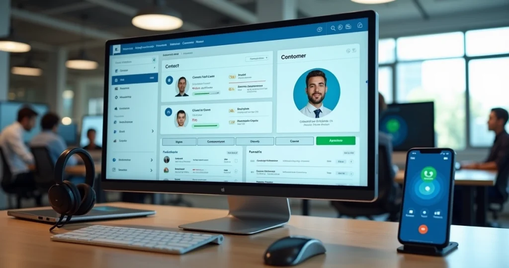 Painel de CRM integrado à telefonia em nuvem em tela de computador em um escritório moderno