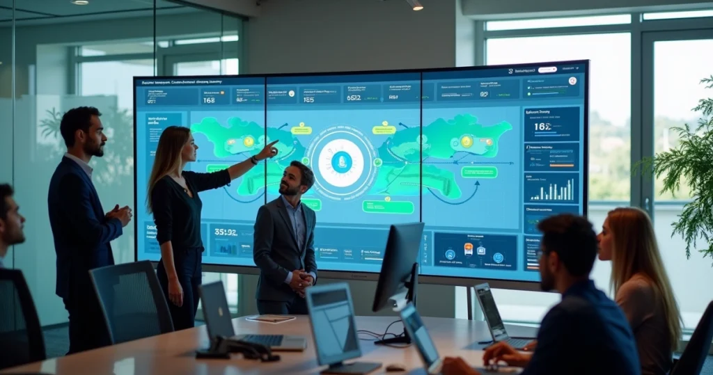 Painel com equipe analisando integração entre CRM e canais de atendimento