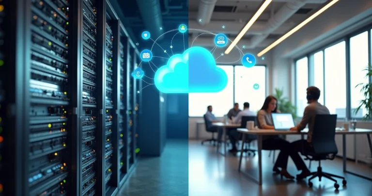 Comparação entre pabx físico em rack e pabx em nuvem com ícones de atendimento unificado