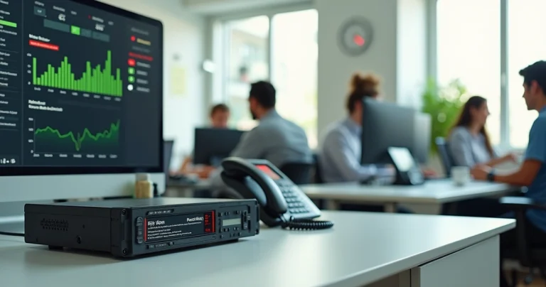 Central telefônica digital antiga em escritório moderno com alertas de atenção na tela