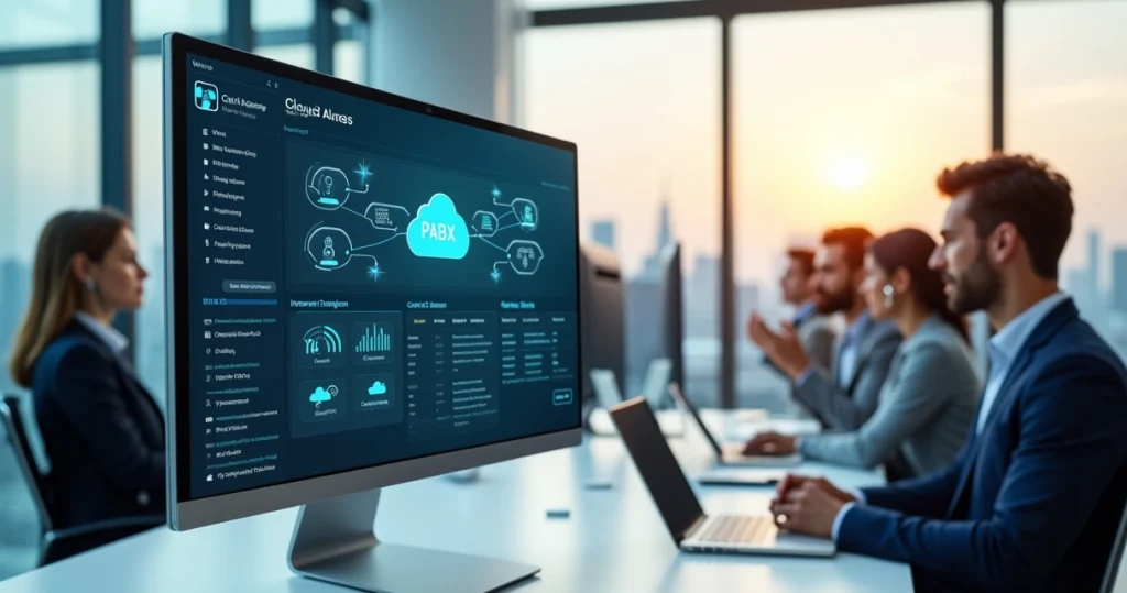 Dashboard de PABX na nuvem conectando equipe em escritório moderno