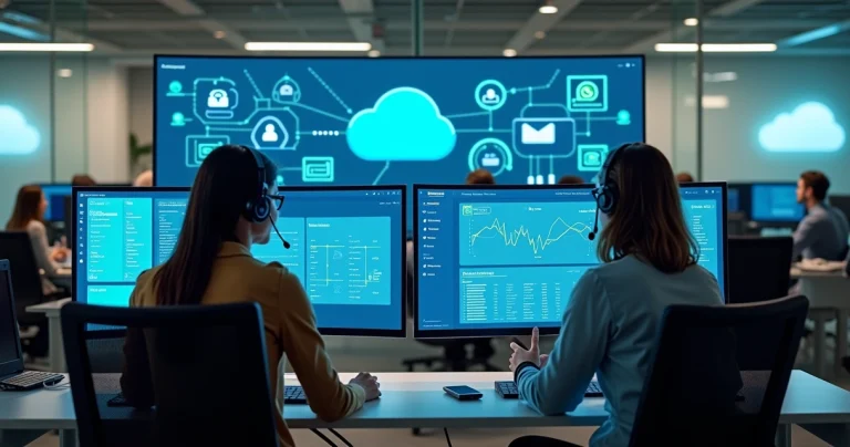 Equipe de atendimento monitorando painel de call center em nuvem com múltiplos canais