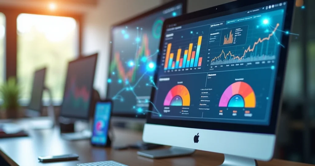 Tela de computador mostrando dashboard moderno de plataforma SaaS com gráficos de desempenho e conexões digitais