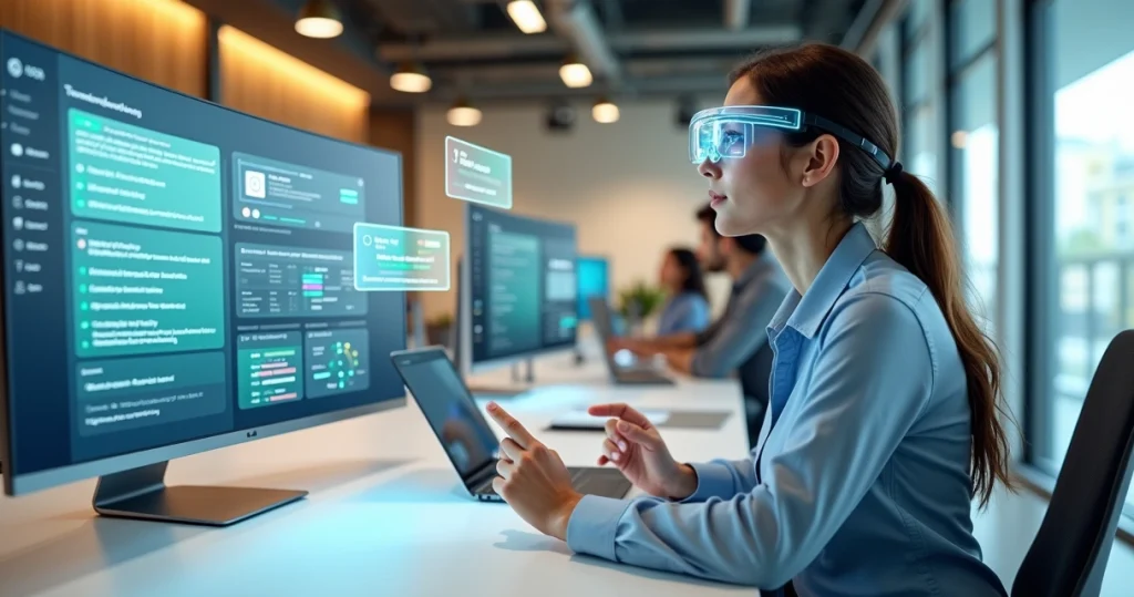 Profissional usando óculos de realidade aumentada para atendimento ao cliente em ambiente corporativo omnichannel