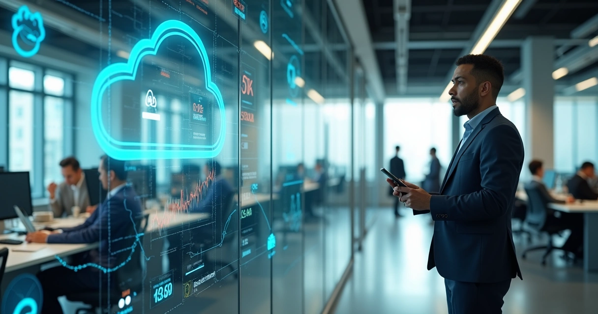 Gestor observa call center com telefonia tradicional e nuvem VoIP destacando riscos e modernização