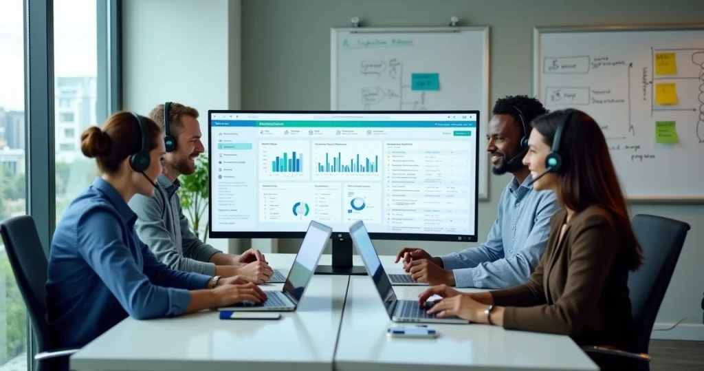 Equipe de atendimento em pequena empresa usando painel de telefonia em nuvem