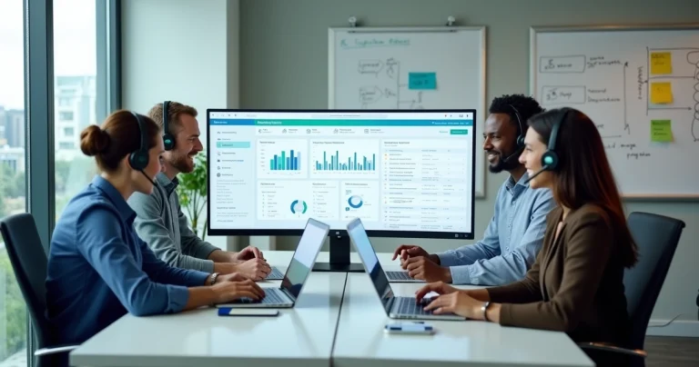 Equipe de atendimento em pequena empresa usando painel de telefonia em nuvem