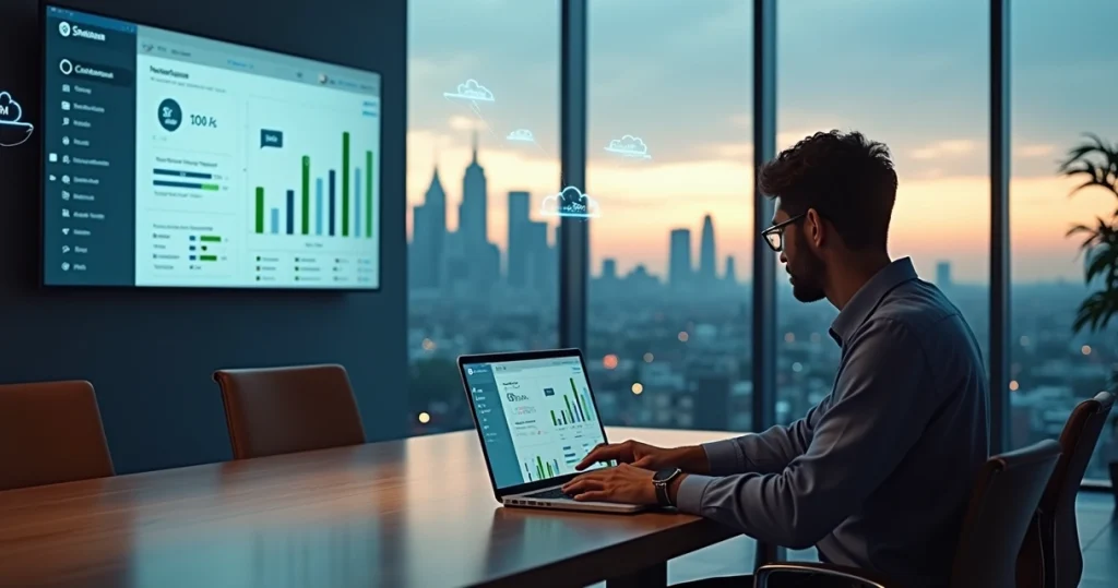 Gestor analisa painel de telefonia em nuvem com gráficos de redução de custos