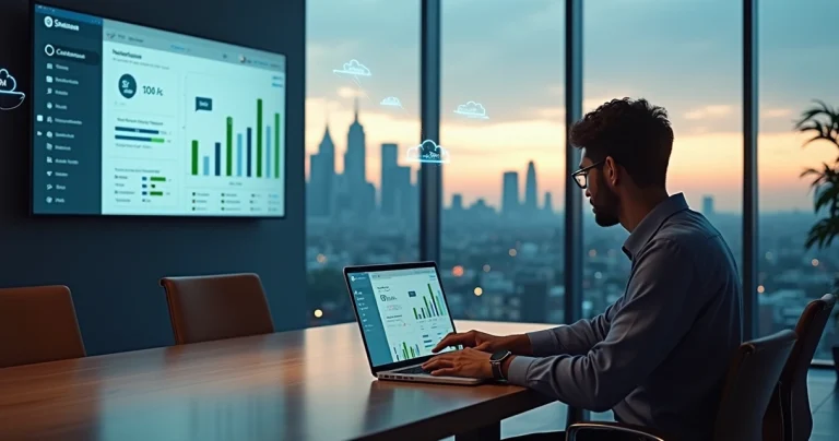 Gestor analisa painel de telefonia em nuvem com gráficos de redução de custos