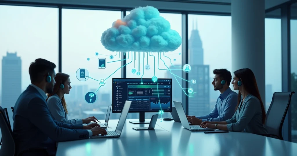 Equipe usando telefonia voip empresarial integrada na nuvem em escritório moderno