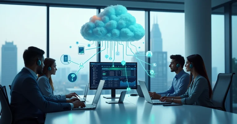 Equipe usando telefonia voip empresarial integrada na nuvem em escritório moderno