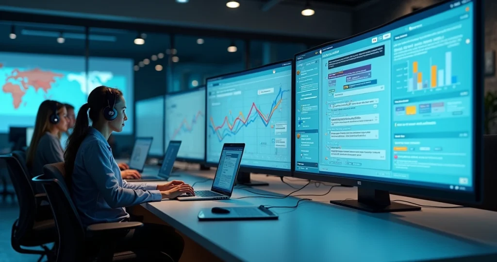 Equipe de vendas B2B monitorando painel com agente de IA atendendo clientes