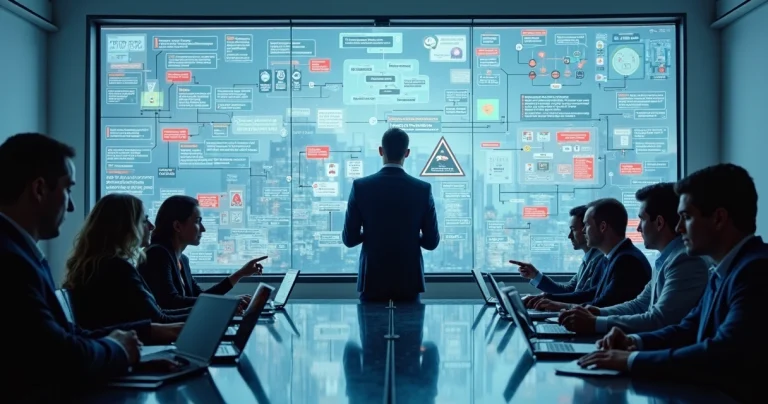 Gestor observando painel digital com implantação de tecnologia empresarial com erros destacados