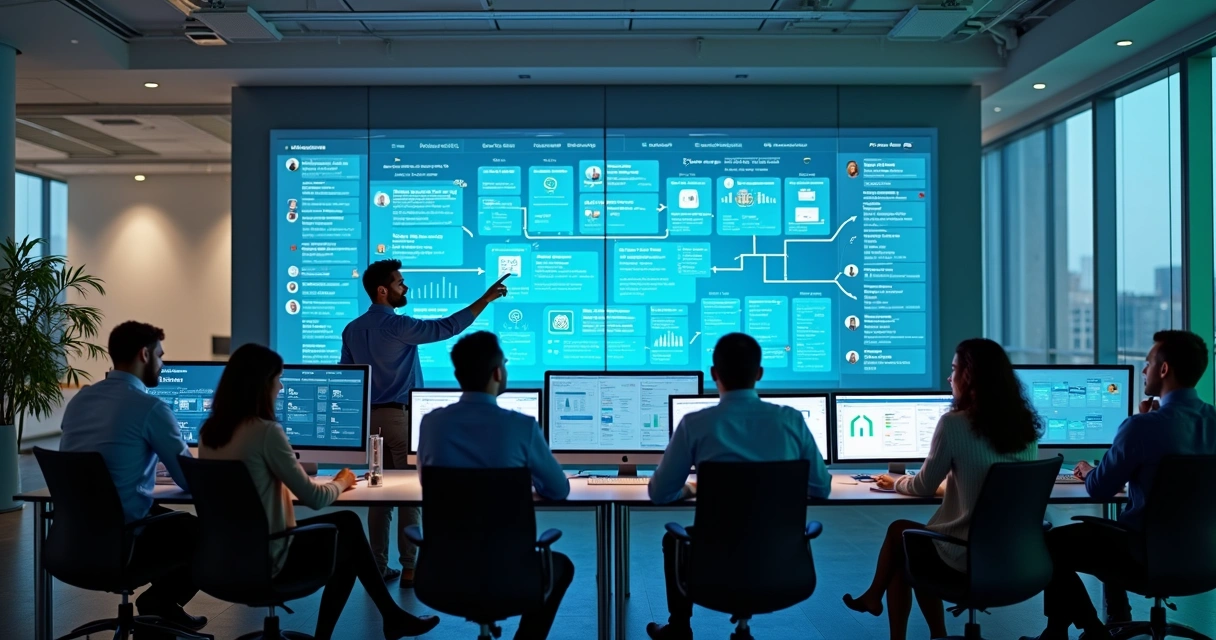 Equipe B2B monitorando atendimento omnichannel em grandes telas com vários canais integrados