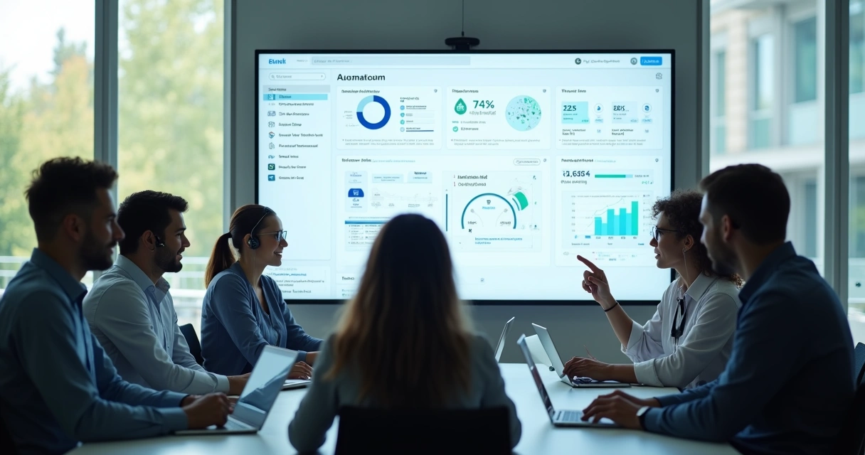 Dashboard de plataforma integrada de atendimento com time B2B analisando dados em sala de reunião moderna