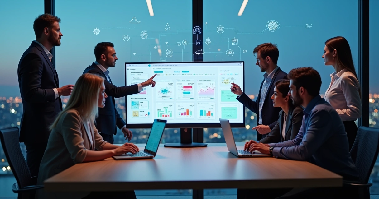 Equipe B2B analisando telas digitais integradas de atendimento ao cliente